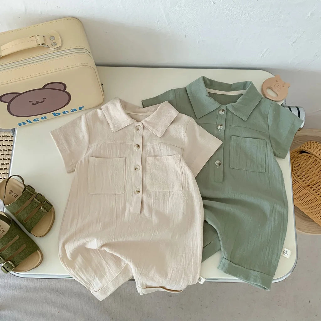 Baby Infant Short Sleeve Jumpsuit Solid Color Pocket Work Bodysuit