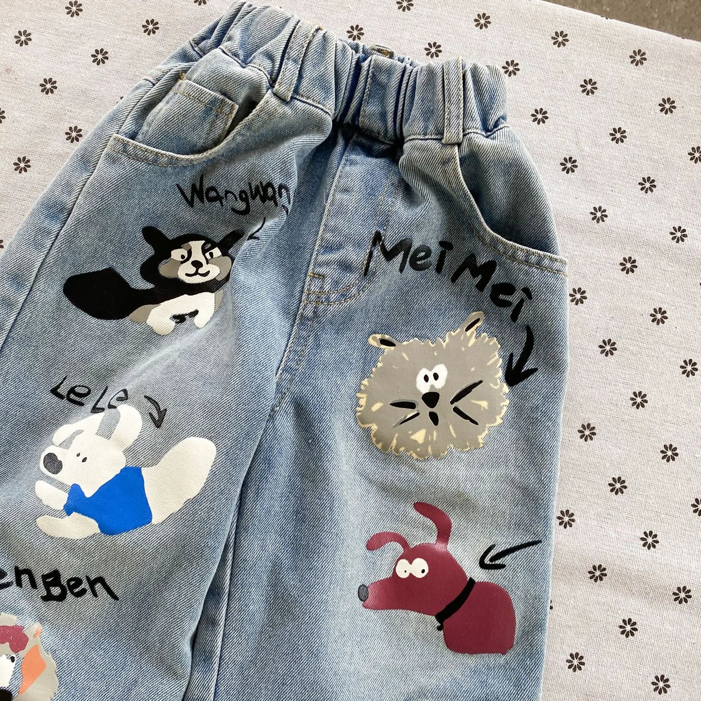 Baby Cartoon Print Jeans Loose Boy/girls Letter Casual Denim Pants