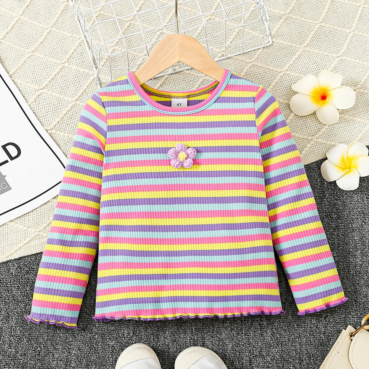 Girls Sweater Round Neck Long Sleeved Knitted Sticker Colorful Stripe Pattern Top