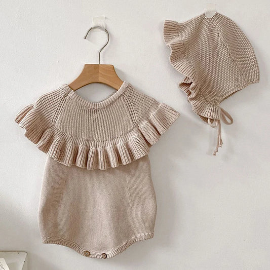 Baby Girl Romper+Hat Sleeveless Knitted Solid Color Newborn Baby Girl Jumpsuit