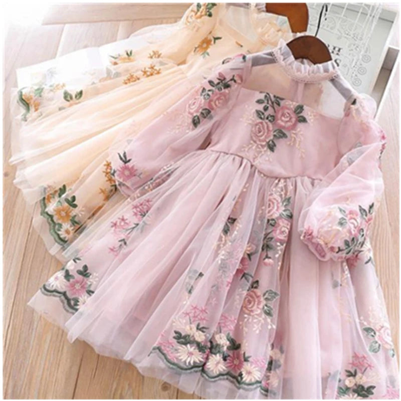 Little Children Party Kids Casual Dress Pink Floral Embroidery Dresses