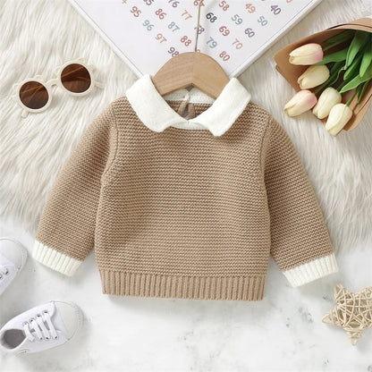 Baby Knitted Sweaters Long Sleeve Lapel Collar Contrast Color Pullover Tops