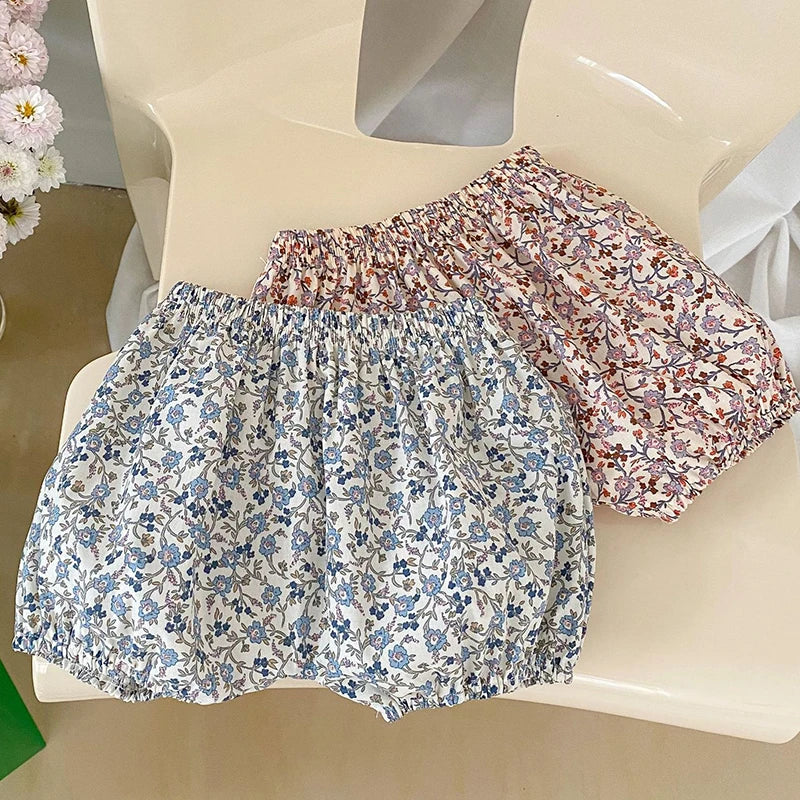 Baby Girls Short Sleeve Pure Color T-shirt +Printing Shorts Suit Sweet