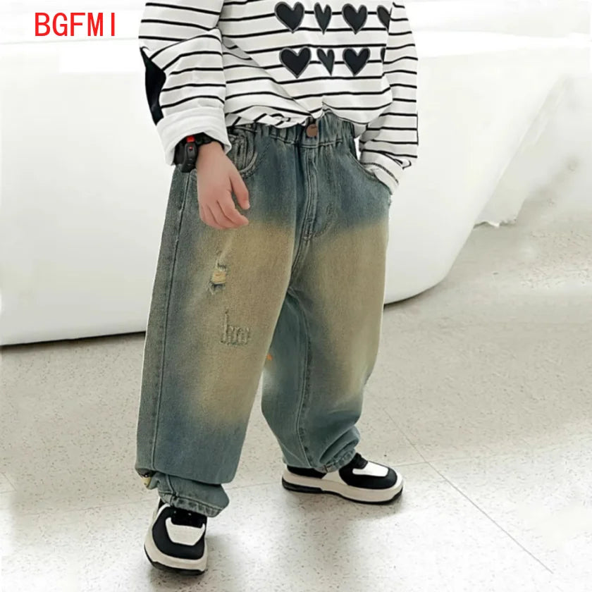 Boys Hole Letter Straight Leg Pants Teenager Jeans