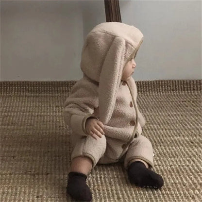 Girl Baby Fleece Cute Rabbit Ears Cardigan Romper Boy Infant Solid Jumpsuit