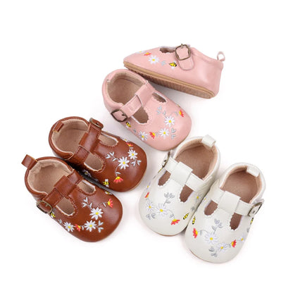 Baby Girl Mary Jane Flats Flower Embroidery Non-Slip Walking Shoes