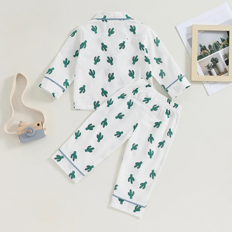 Boy Girl 2-Piece Pajamas Set Daisy Pattern Lapel Button Down Tops Pants