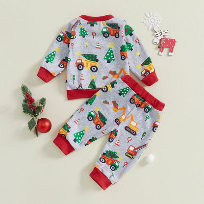 Toddler Christmas Tree Print Long Sleeve Round Neck Sweatshirt Tops Long Pants