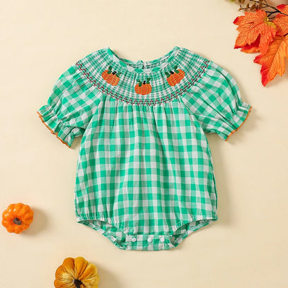 Baby Halloween Fall Rompers Pumpkin Embroidered Plaid Print Smocked Ruffled Jumpsuits