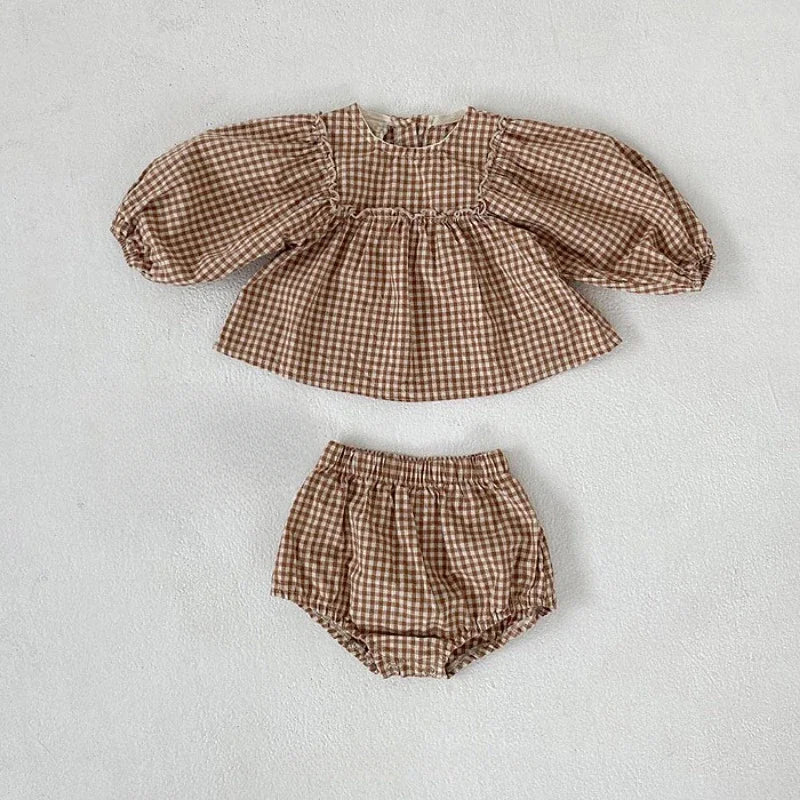 Baby Girls Set Cotton Plaid Blouse and PP Shorts Sets for Kids Infant Outfits