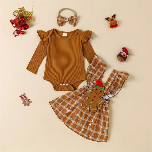 Baby Girls Fall Outfit Romper and Christmas Tree Plaid Print Suspender Skirt Headband