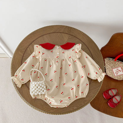 Baby Clothes Sweet Cherry Printed Girls Bodysuit Newborn Peter Pan Collar