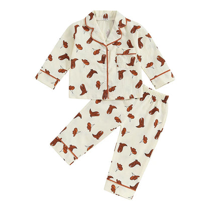 Boy Girl 2-Piece Pajamas Set Daisy Pattern Lapel Button Down Tops Pants