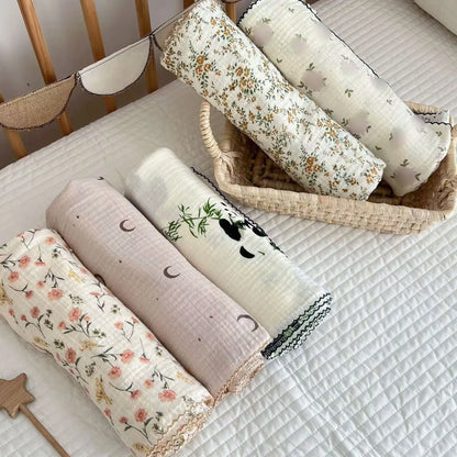 Baby Muslin Blanket Gauze Thin Quilt Floral Print Double Layer Cotton Swaddle Blanket Stroller Cover Kids Bedding