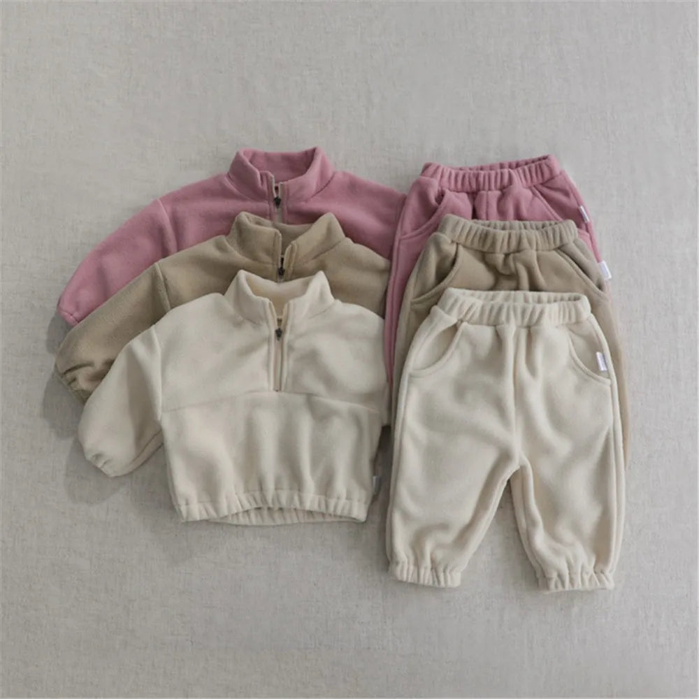 Toddler Baby Sports Set Fleece Solid Color Hoodies And Pants 2pcs Warm Suit