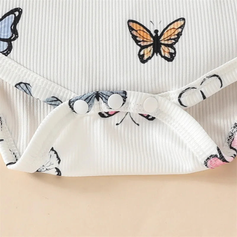 Baby Girl Butterfly Print Lace Trim Romper Elastic Waist Pants Bow Headband 3Pcs Set