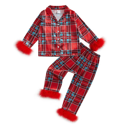 Baby Girl 2Pcs Christmas Pajamas Set Long Sleeve Feather Trim Shirt + Pants