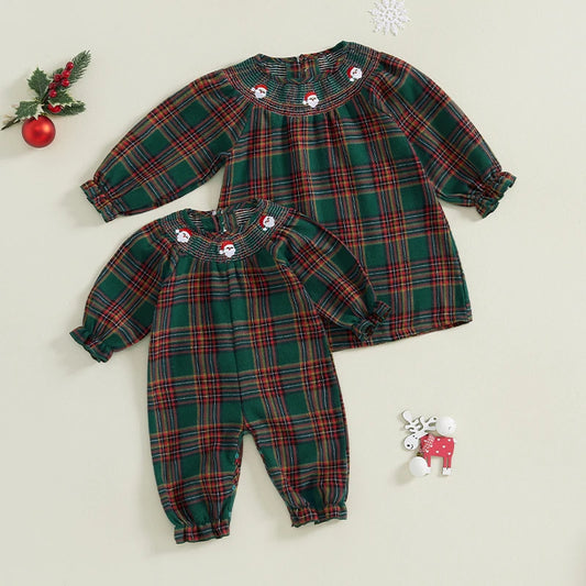 Toddler Girl Christmas Dress Plaid Print Loose Dress Baby Santa Claus Embroidery Dress