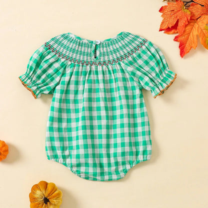 Baby Halloween Fall Rompers Pumpkin Embroidered Plaid Print Smocked Ruffled Jumpsuits