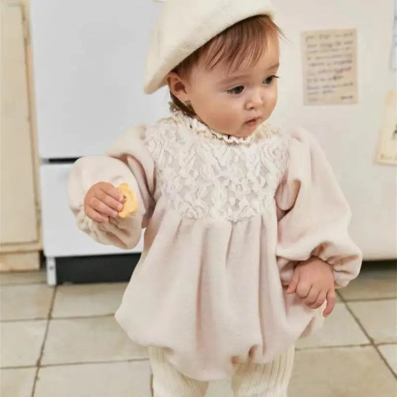 Baby Fleece Thick Lace Collar Puff Sleeves Bodysuit Newborn Infant Onesie