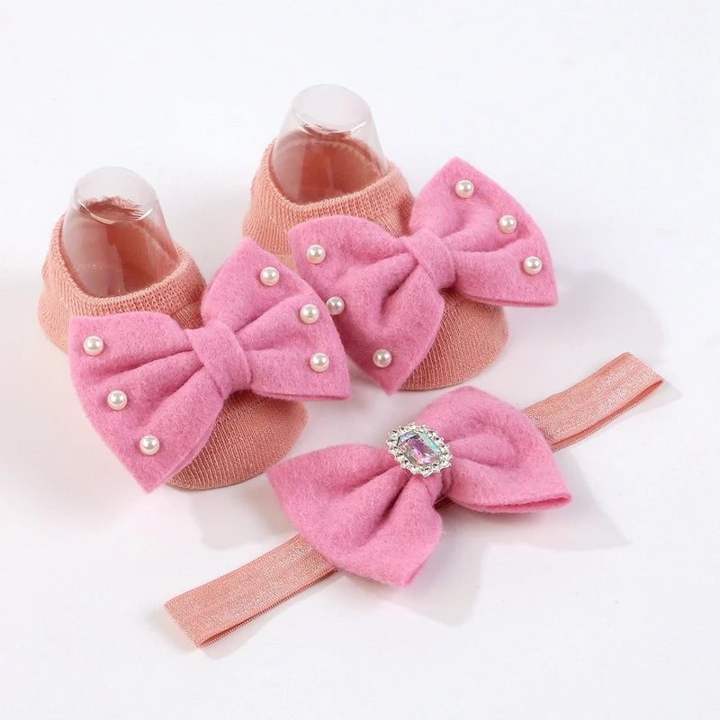 Baby Girl Floor Socks Cute Bow Non Slip Toddler Walking Socks and Headband Grip