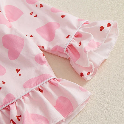 Girls Pajamas Set Heart Print Long Sleeves Shirt and Elastic Waist Pants