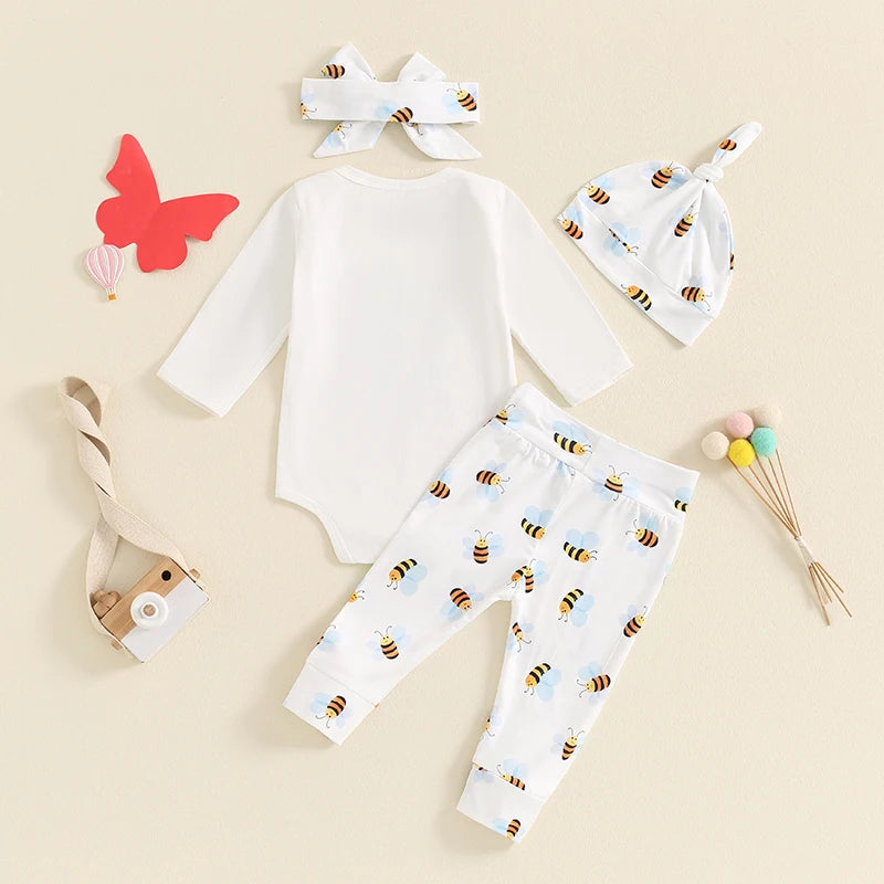 Boy Girl, Letter Print Romper Bee Print Pants Hat Headband 4 Piece Baby Set