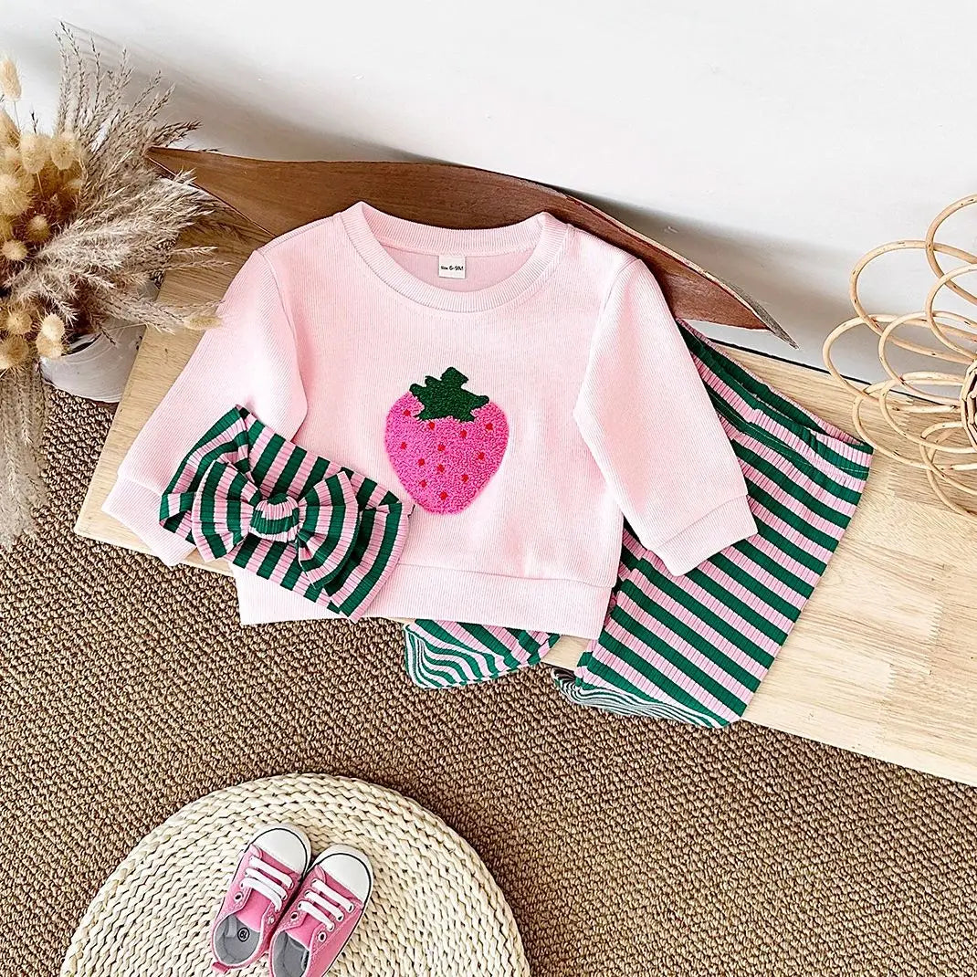 Girls Strawberry Embroidery Pullover Shirt +Leggings Pure Cotton Elastic Waist