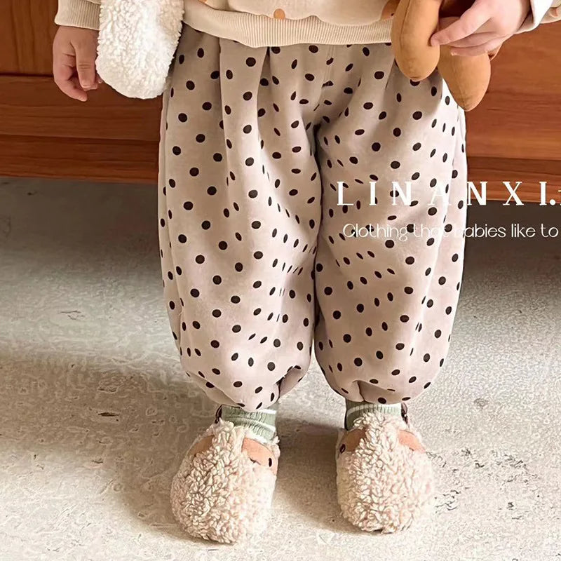 Children Polka Dot Trousers Plus Velvet Thick Girls Harem Pants Baby Boys Casual Pants