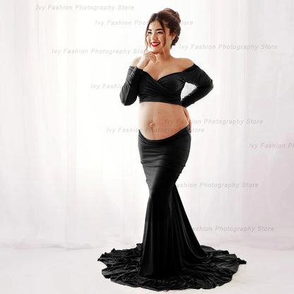 Maternity Photography Props Stretch Cotton Two Piece Floor Long Skirt