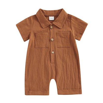 Boys Cotton Linen Jumpsuit Solid Color Lapel Short Sleeve Front Button Romper