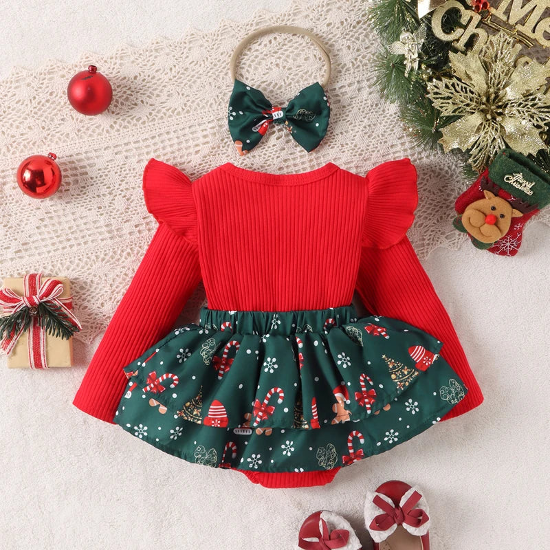 Baby Girls Christmas Dress Letter Santa Hat Print Romper with Bow Headband