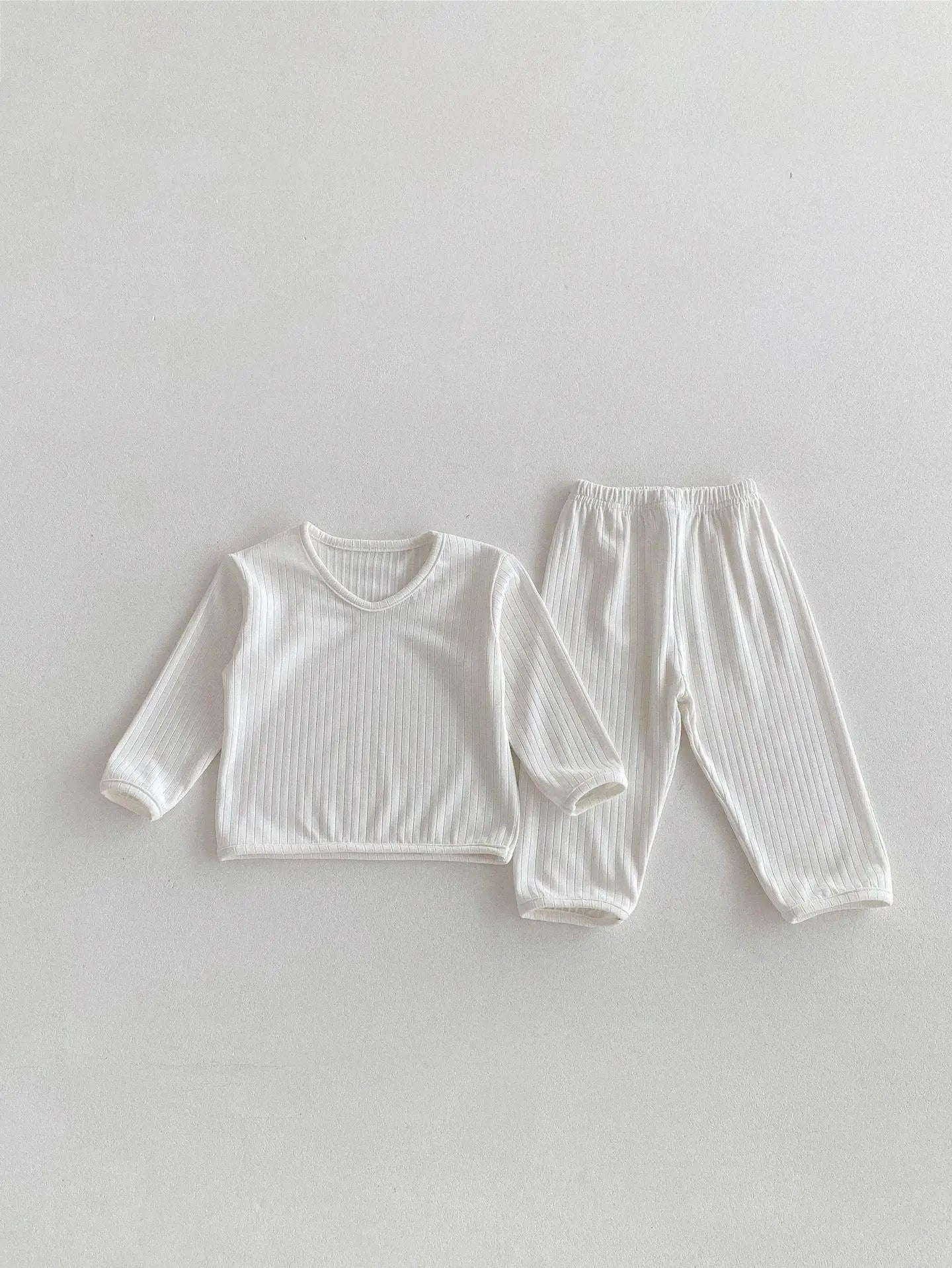 Boy Girl Pajamas Suit Baby Ribbed Long Sleeve Tops+pants Sleepwear 2pcs