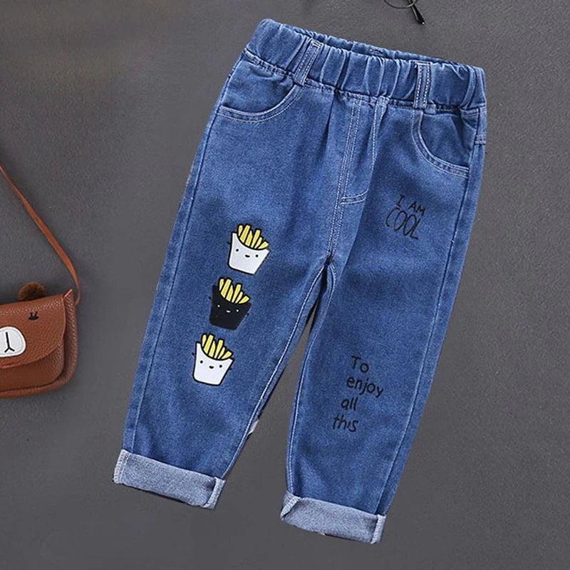 Children Jeans  Boys Cotton Print Splice Stretch Denim Pants