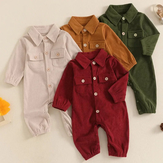 Newborn Baby Boy Romper Lapel Solid Color Button Up Jumpsuit