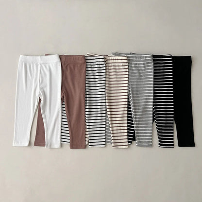 Girl Children Ribbed Solid Simple Leggings Striped Casual Pants