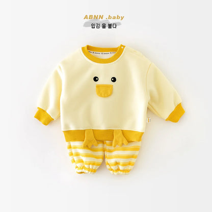 Baby Girls Cute Cartoon Duck Fleece Sweatshirt + Striped Pants