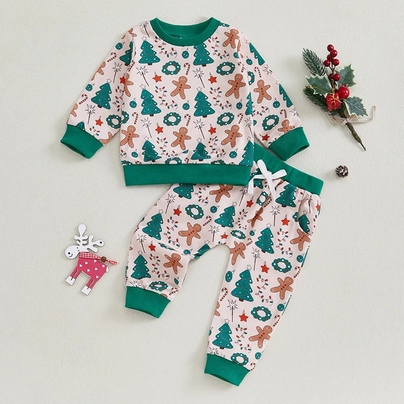 Toddler Boys Girls Christmas Outfits Cartoon Print Sweatshirt and Elastic Waist Pants