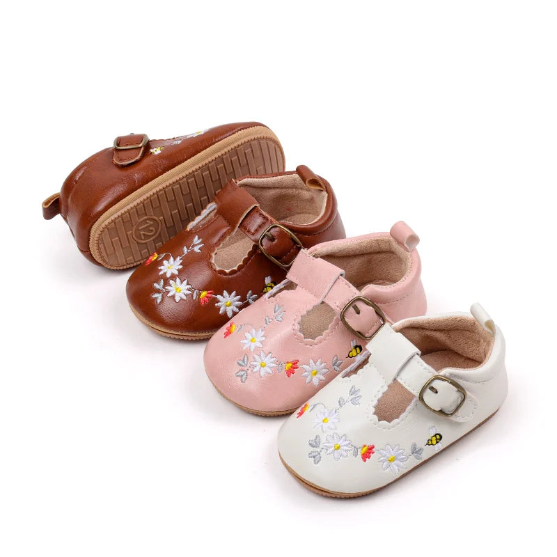 Baby Girl Mary Jane Flats Flower Embroidery Non-Slip Walking Shoes