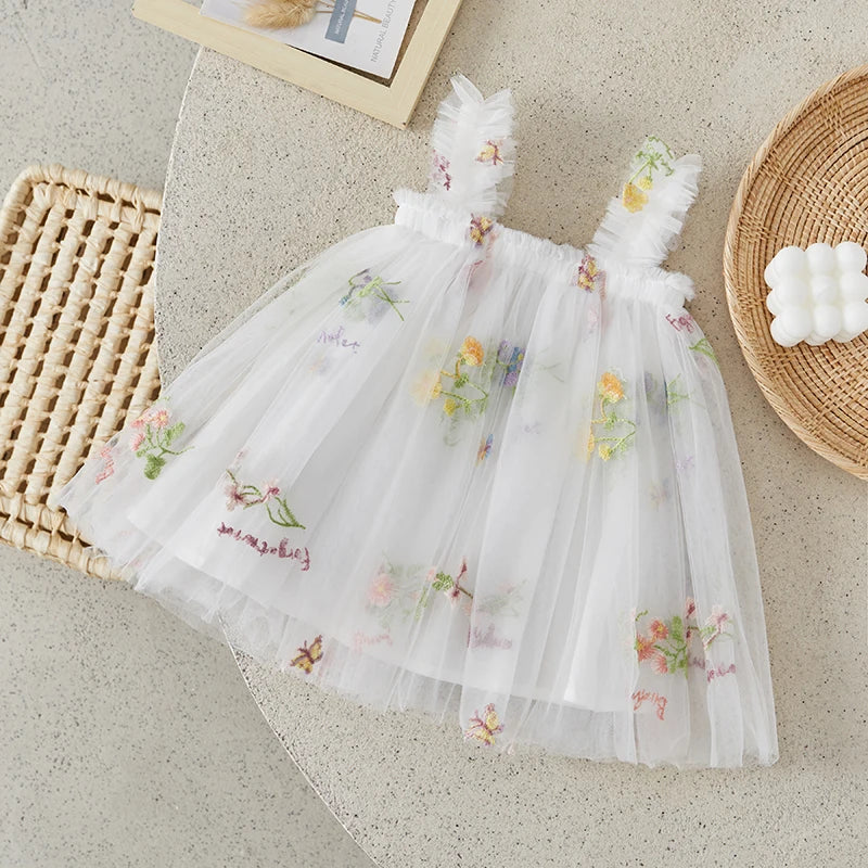 Little Girls Summer Princess Dress Sleeveless 3D Flower A-line Sweet Tulle Dresses