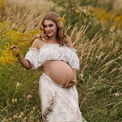 Maternity Gown For Photo Shoot elegant Two Piece White Lace Dresses