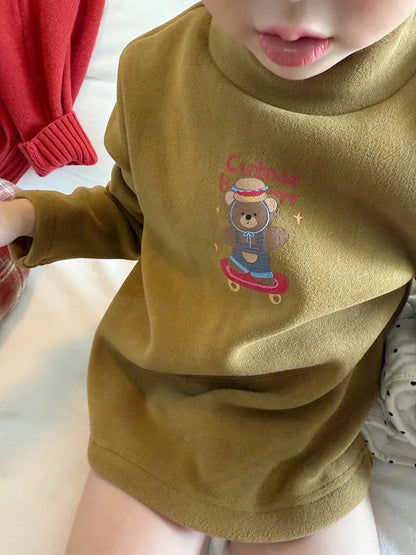 Children Half High Collar Fleece Bottoming Shirts Cotton Boys Girls Cartoon Tops