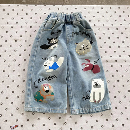 Baby Cartoon Print Jeans Loose Boy/girls Letter Casual Denim Pants