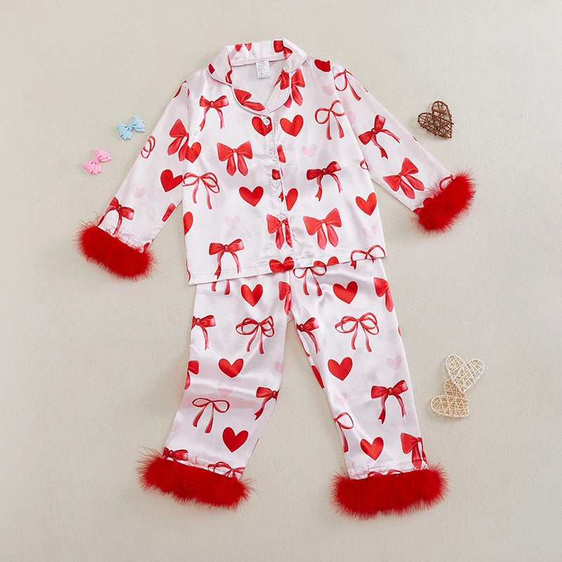 Girls Pajama Set Heart Bow Print Lapel Button-up Tops Elastic Waist Pants