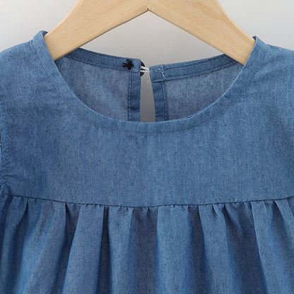 Girls Dress Flying Sleeve Pure Blue Tiered Dress