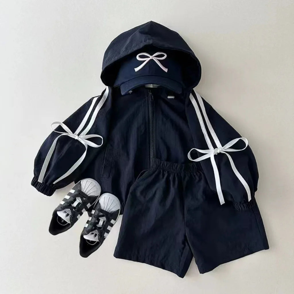 New Girls/Boys Long Sleeve Bow Sunscreen Jacket + Shorts 2pcs