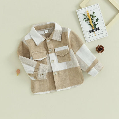 Boys Jacket Plaid Lapel Button-Down Long Sleeve Coat Outerwear