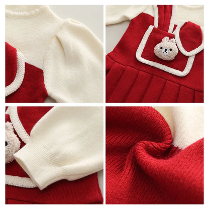 Autumn Winter Baby Girl Princess Dress Cotton Bear Ears Pocket Spliced Dress