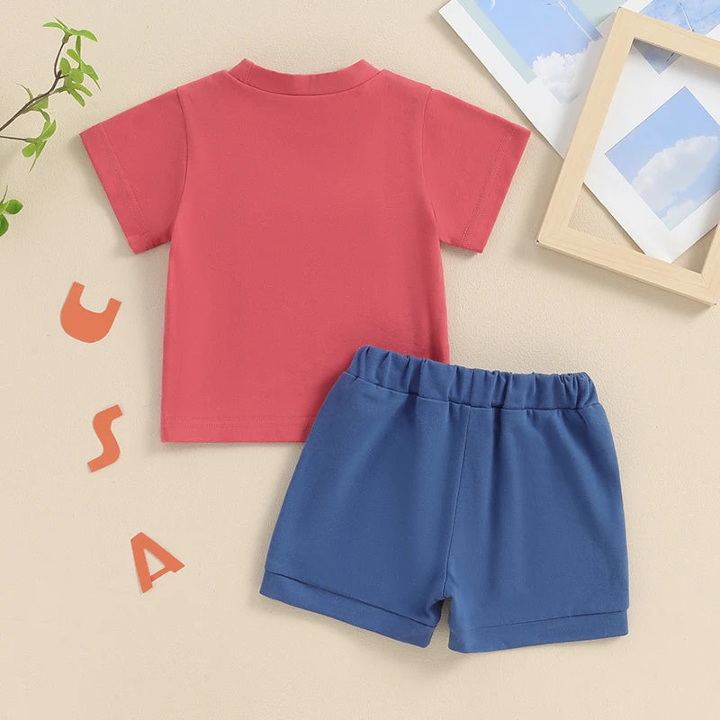 Summer Baby Boys Clothes Set Embroidery Letters T-shirt with Elastic Waist