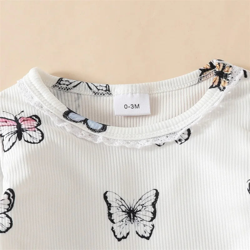 Baby Girl Butterfly Print Lace Trim Romper Elastic Waist Pants Bow Headband 3Pcs Set